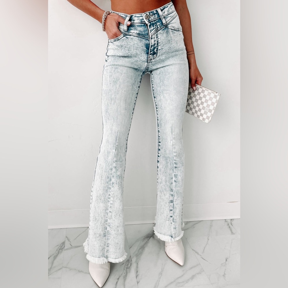KanCan High-Rise Acid Wash Flare Jeans - White & Gray - Picture 2 of 12